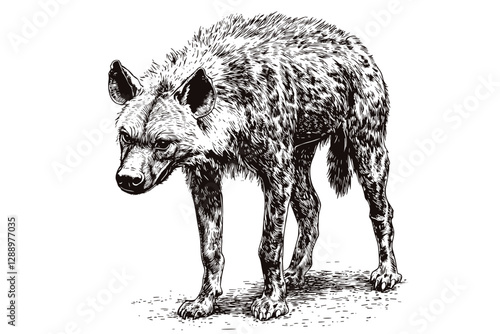 Vintage art of hyena in old engraving style, black sketch effect, predator, scavenger on the savanna, wildlife vector, antique style print design, wildlife illustration, nature art.