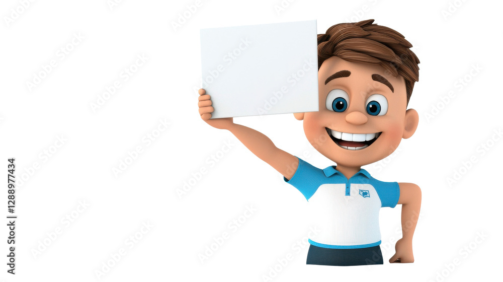 Cheerful and Energetic Cartoon Character of a Young Boy Happily Holding a Blank Whiteboard or Sign Expressing Enthusiasm and Ideas in an Educational or Promotional Concept Cheerful and Energetic Cartoon Character of a Young Boy Happily Holding a Blank Whiteboard or Sign Expressing Enthusiasm and Ideas in an Educational or Promotional Concept