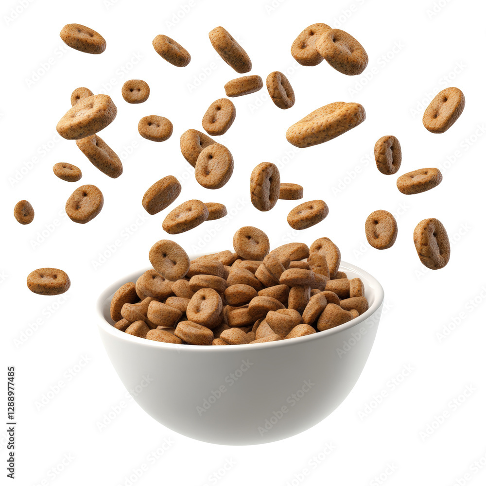 Obraz premium Bowl of cereal with cereal spilling out onto a white countertop in a bright kitchen setting isolated on transparent background..