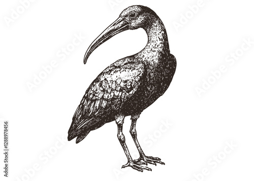Black sketch effect ibis, antique style illustration, vintage art, aquatic animal wildlife, hand-drawn vector print design, wildlife art, nature sketch, rodent print