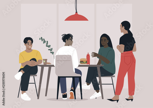 Gathered around a stylish table, a group of friends savor a delicious lunch while engaging in lively conversation, The warm atmosphere encourages connection and camaraderie