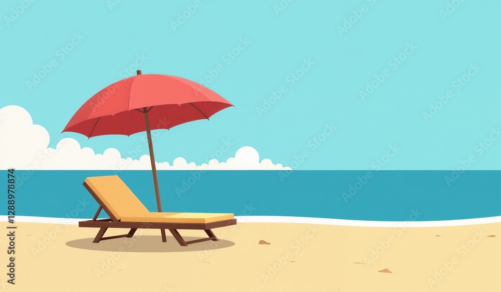 Cheerful Cartoon Beach Scene with Red Umbrella in Vibrant Colors Cheerful Cartoon Beach Scene with Red Umbrella in Vibrant Colors