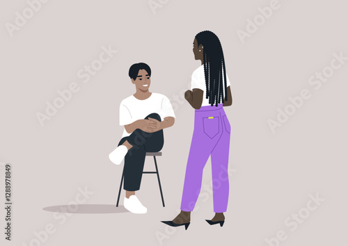 Two characters interact in a visually captivating moment, with one person seated on a chair and the other standing nearby, Their expressions convey engagement and interest