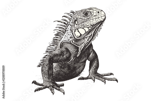 Vintage art of a black sketch iguana, trendy illustration, old engraving style, animal print design, white background, retro wildlife art, hand-drawn decor.