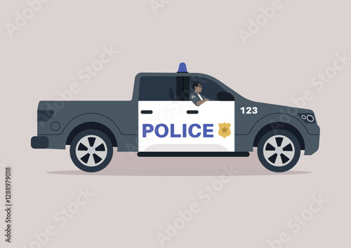 In a bustling urban environment, a police pickup truck with a uniformed officer stands ready to respond to any emergencie, their presence emphasizes commitment to safety