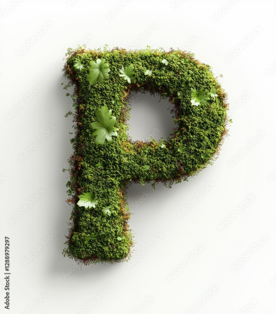 English letter P of the latin alphabet made from green stabilized moss isolated on white background. Capital letters made from green moss or grass. Eco nature design element English letter P of the latin alphabet made from green stabilized moss isolated on white background. Capital letters made from green moss or grass. Eco nature design element