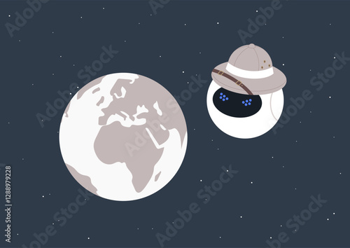 A robot colonizer, donning a cork explorer hat, gazes at Earth from orbit—blending curiosity with menace, symbolizing the eerie concept of planetary invasion and the consequences of exploration