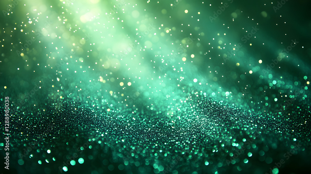 Fototapeta premium St. Patrick's Day abstract green background decorated with shamrock leaves. Patrick Day pub party celebrating. Abstract art design magic backdrop. Widescreen clovers on black with copy space