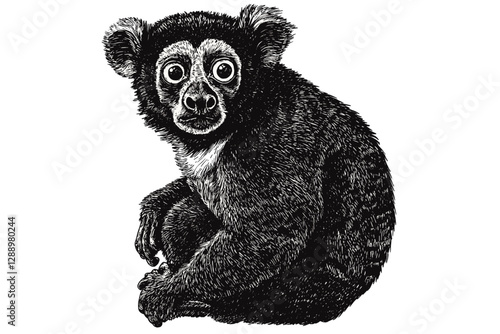 Vintage wildlife illustration, hand-drawn indri in old engraving style, black sketch effect, animal art, wall decor, trendy artwork, nature art, monochrome decor.