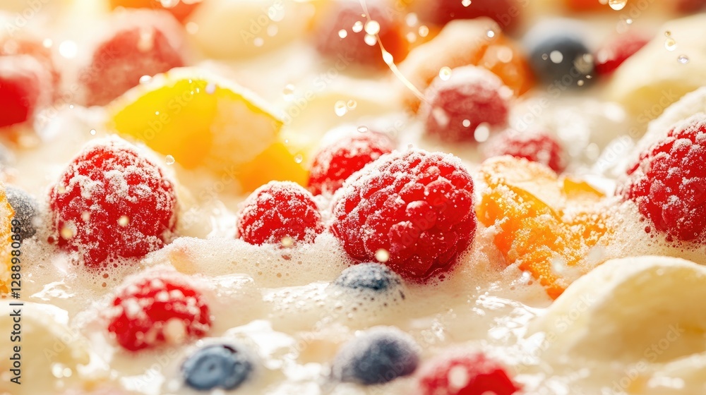Fresh Berries and Fruits in Creamy Sauce with Splashing Water Fresh Berries and Fruits in Creamy Sauce with Splashing Water