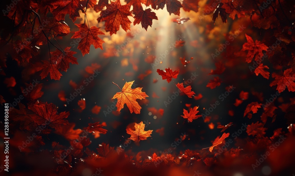 Autumn leaves falling in sunlit forest, ideal for seasonal backgrounds Autumn leaves falling in sunlit forest, ideal for seasonal backgrounds