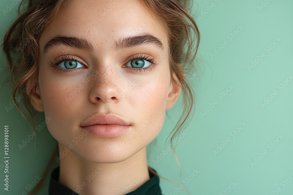 Promotional flyer graphic layout featuring a young model with striking blue eyes and natural beauty Promotional flyer graphic layout featuring a young model with striking blue eyes and natural beauty