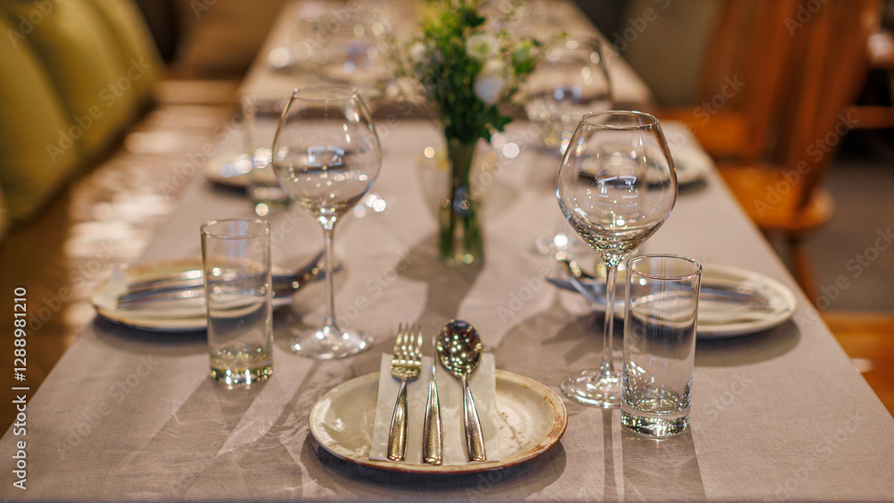 An elegantly set restaurant table with fine dining arrangements, including wine glasses, silverware, and a floral centerpiece, creating a warm and inviting ambiance. An elegantly set restaurant table with fine dining arrangements, including wine glasses, silverware, and a floral centerpiece, creating a warm and inviting ambiance.