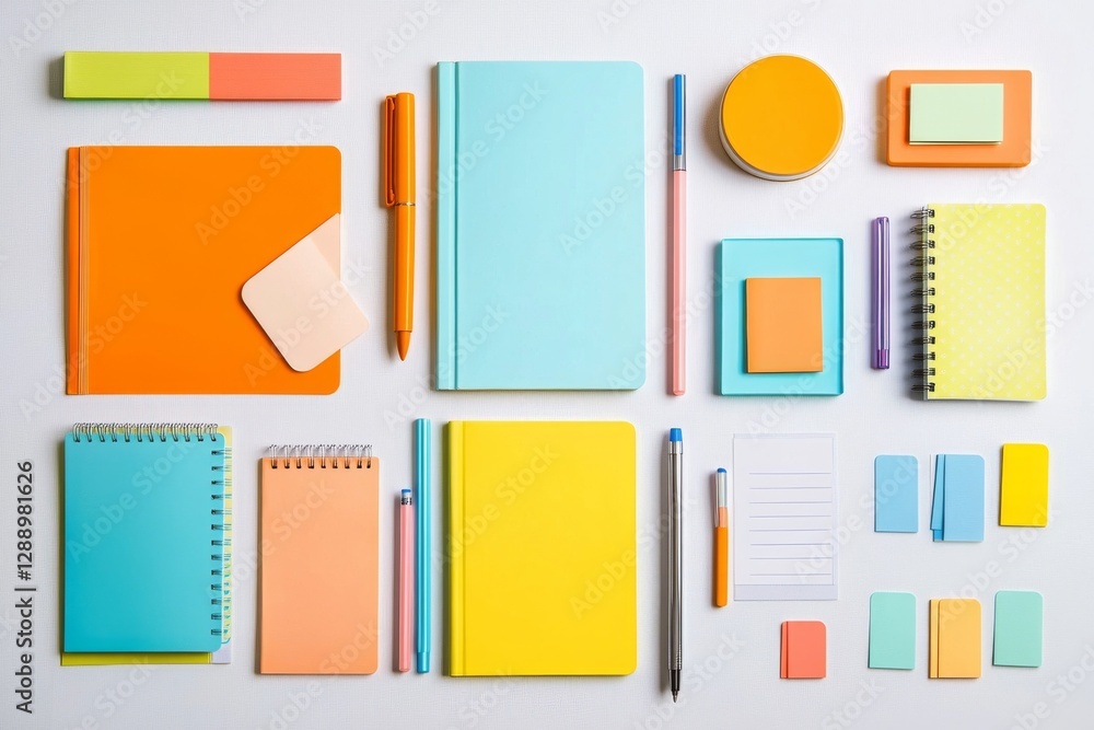 Colorful stationery flat lay with notebooks, pens, and sticky notes Colorful stationery flat lay with notebooks, pens, and sticky notes