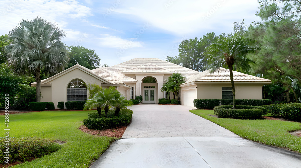 Fototapeta premium Luxury Beige House with Green Lawn and Palm Trees