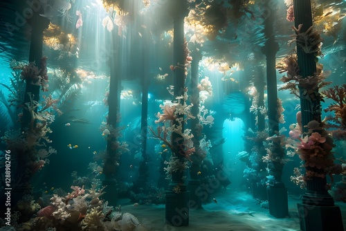 Illustration of A dreamy underwater palace made entirely of sculpted plastic waste, illuminated by soft, ambient light filtering through the water. Ai Generate.
