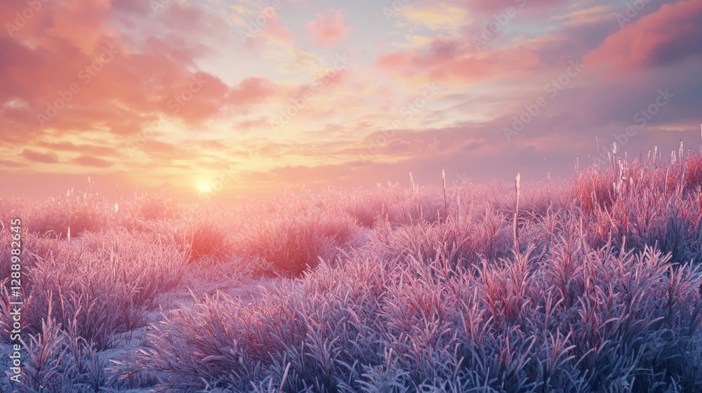 Fototapeta premium Frosty dawn landscape with vibrant colors and serene atmosphere over frozen grass and gentle hills in winter season