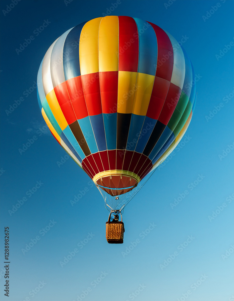 Fototapeta premium Close-up de un globo aerostatico de colores volando aislado sobre un cielo azul símbolo de libertad, sueños, esperanza, superación y camino propio para marcas de viajes, motivación y creatividad