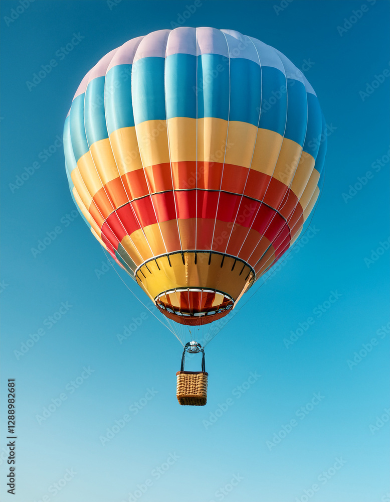 Fototapeta premium Close-up de un globo aerostatico de colores volando aislado sobre un cielo azul símbolo de libertad, sueños, esperanza, superación y camino propio para marcas de viajes, motivación y creatividad