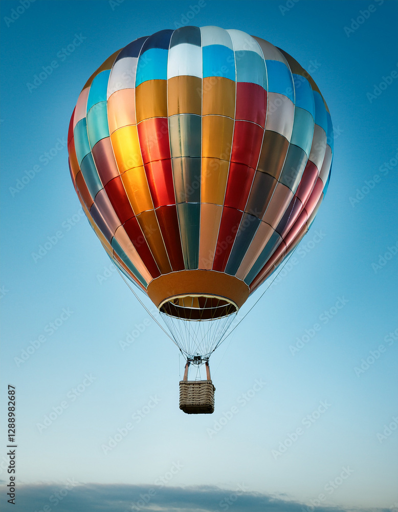 Fototapeta premium Close-up de un globo aerostatico de colores volando aislado sobre un cielo azul símbolo de libertad, sueños, esperanza, superación y camino propio para marcas de viajes, motivación y creatividad