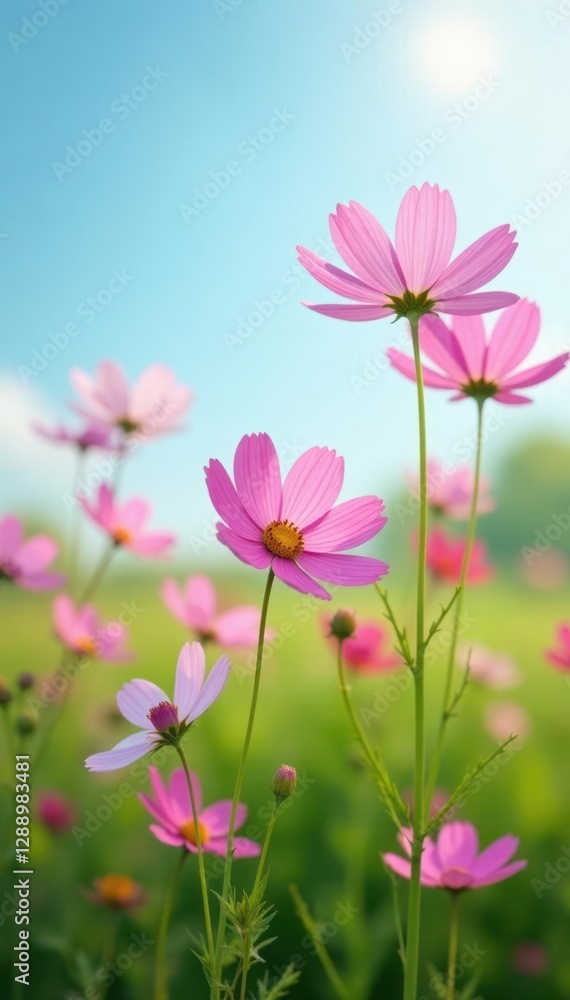 Pink cosmos flowers sway gently in the soft morning light against a serene blue sky and lush green grass, lush green grass, floral arrangement Pink cosmos flowers sway gently in the soft morning light against a serene blue sky and lush green grass, lush green grass, floral arrangement