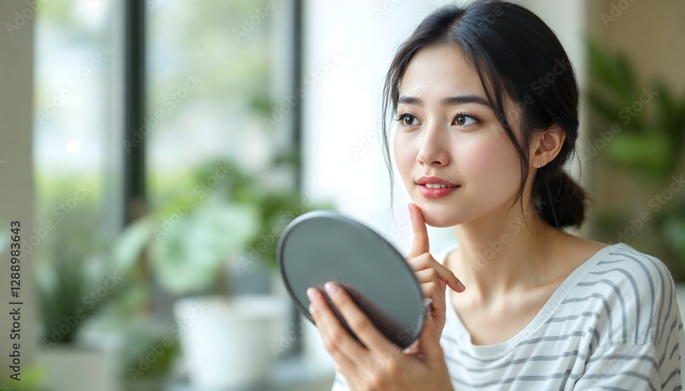 Young Woman Examining Skin Condition Using Hand Mirror Indoors Young Woman Examining Skin Condition Using Hand Mirror Indoors
