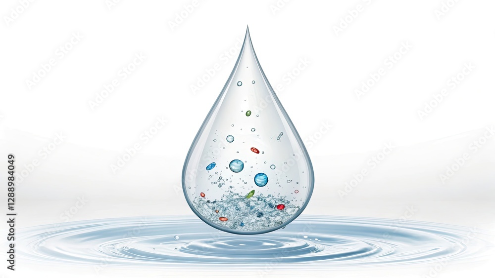 Fototapeta premium Abstract water droplet with colorful particles and ripples