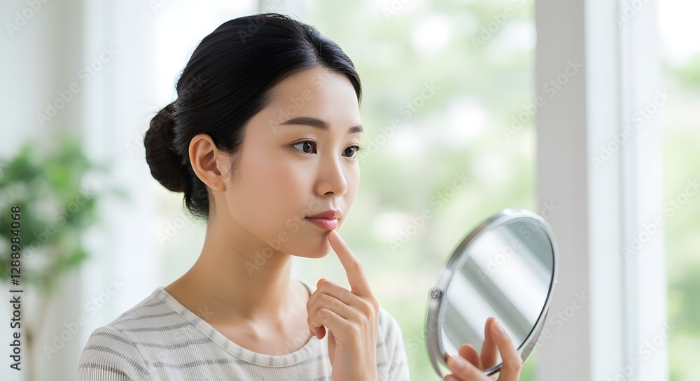 Young Woman Examining Skin Condition Using Hand Mirror Indoors Young Woman Examining Skin Condition Using Hand Mirror Indoors