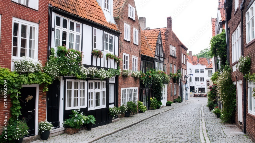 Naklejka premium Old Town Charm: A picturesque street winds through a row of charming historic houses, with traditional architecture, red-tiled roofs, and colorful facades, creating a serene atmosphere.