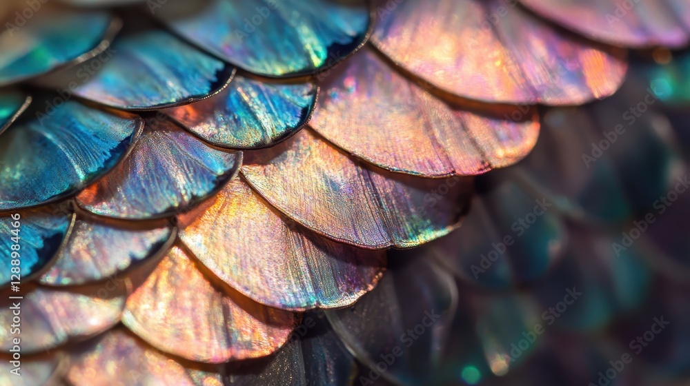 Obraz premium Detailed close-up of shimmering iridescent fish scales with golden and multicolored reflections, highlighting intricate natural patterns and texture. 
