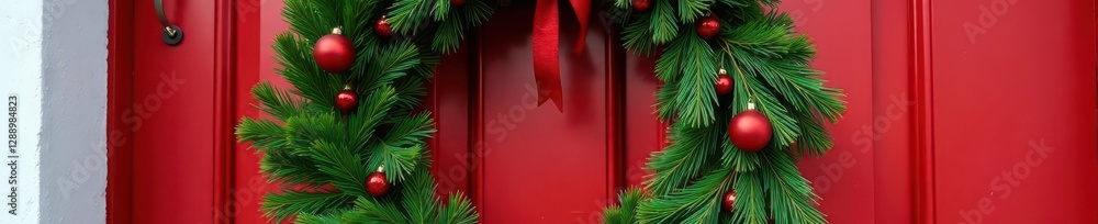 A festive wreath made of evergreen branches on a red door, decoration, evergreen, wreath A festive wreath made of evergreen branches on a red door, decoration, evergreen, wreath