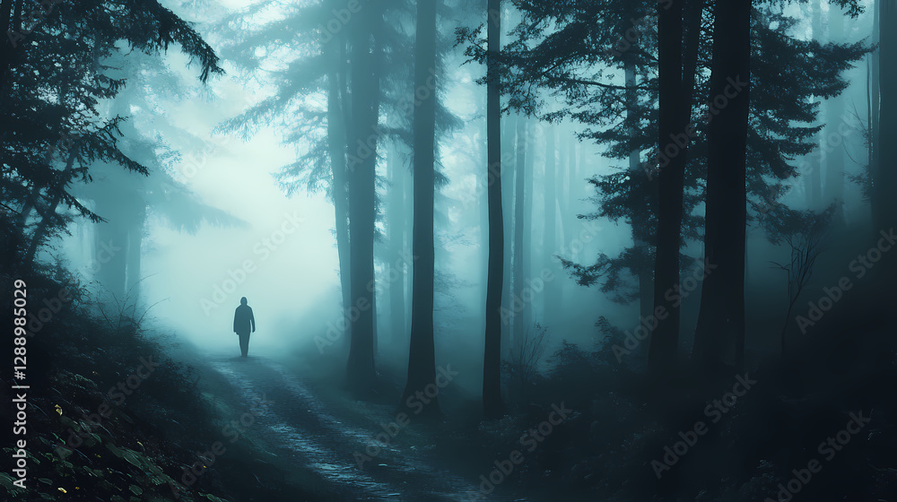 Obraz premium A misty forest path with tall trees and a shadowy figure walking. Shadowy Figure in Fog. Illustration