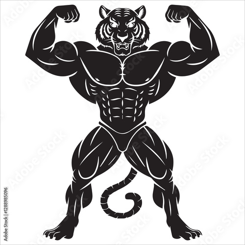 tiger bodybuilder silhouette vector,Muscular Tiger Flexing Silhouette Illustration