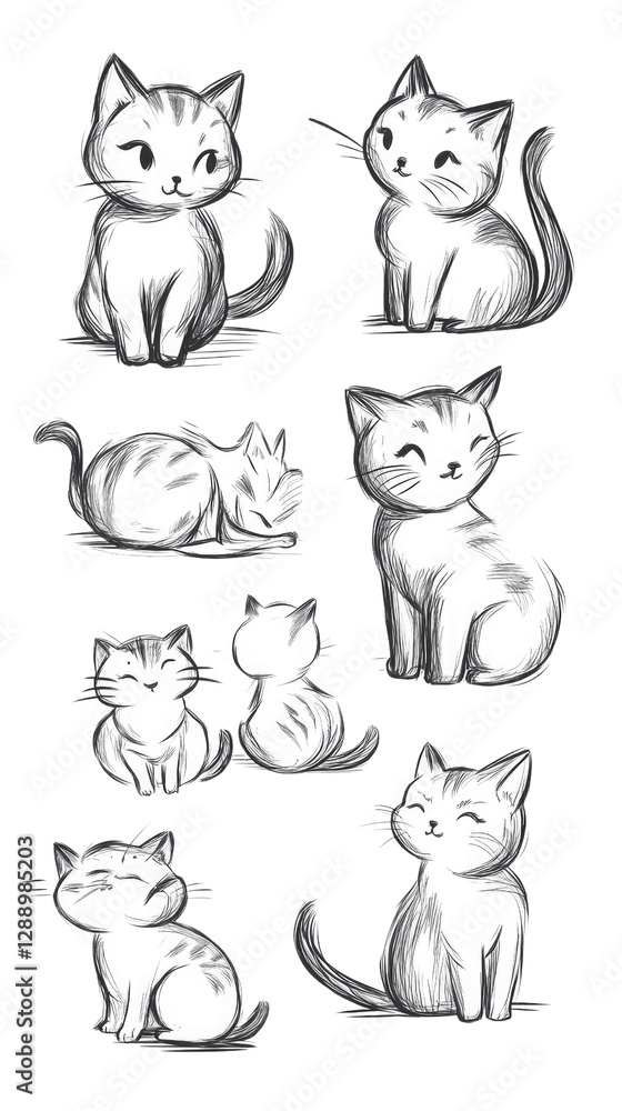 Fototapeta premium Cat doodles showcasing different playful and relaxed poses in a minimalist artistic style