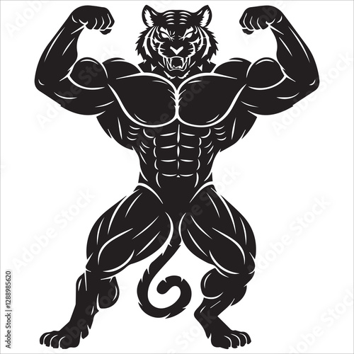 tiger bodybuilder silhouette vector,Muscular Tiger Flexing Silhouette Illustration