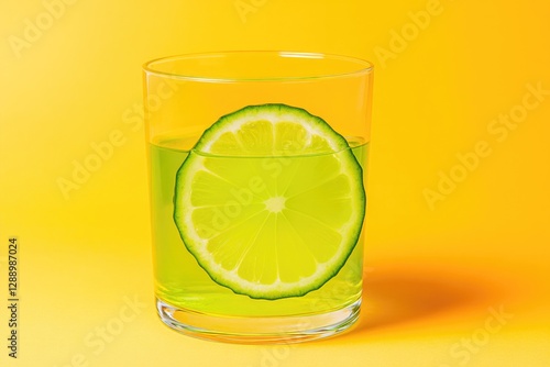 Bright lime drink in clear glass, vibrant yellow background enha photo