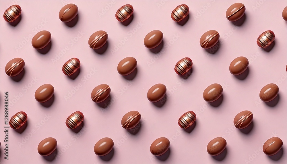 A charming festive pattern depicting a scattering of mini chocolate Easter eggs on a pastel pink canvas A charming festive pattern depicting a scattering of mini chocolate Easter eggs on a pastel pink canvas