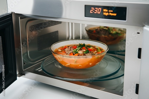 Stainless Steel Microwave Oven with Glass Bowl of Hearty Vegetable Soup 