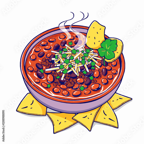 spicy bowl of chili with beans, ground beef, and melted cheese vector illustration