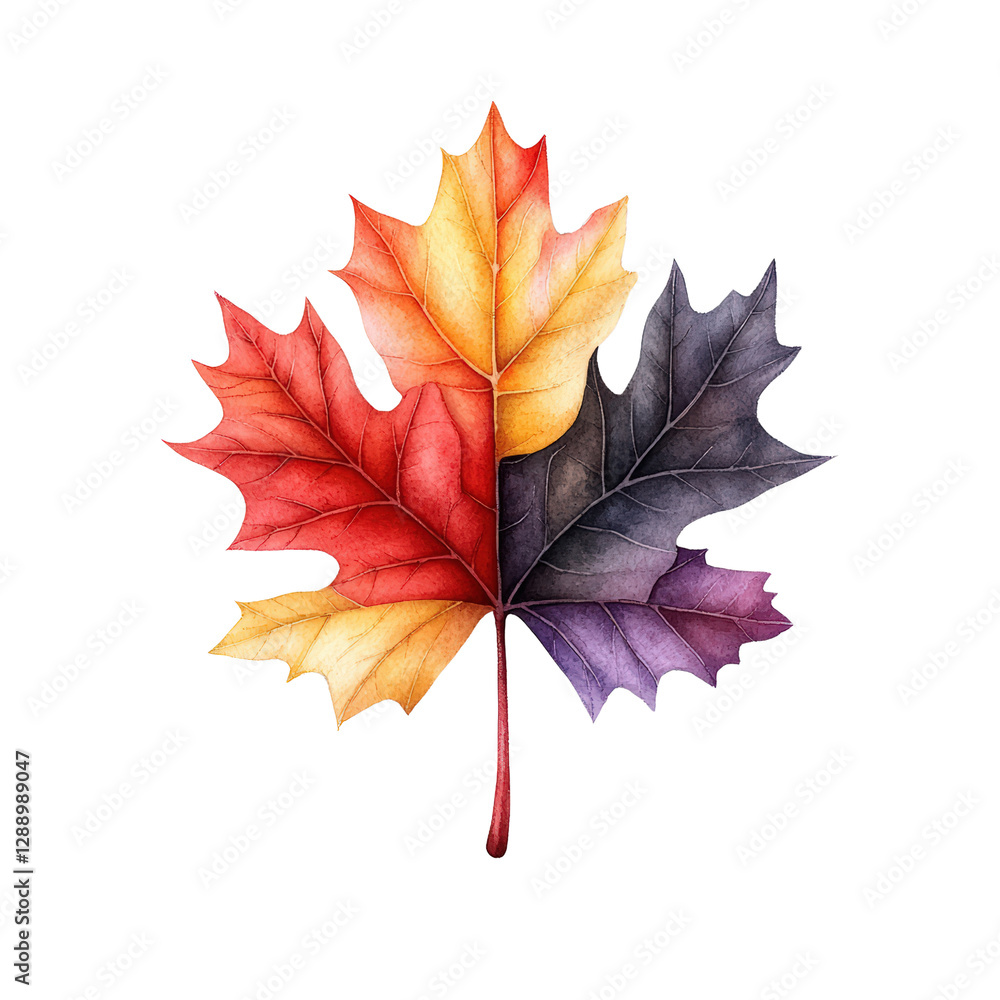 Watercolor painting depicting a vibrant red maple leaf on a textured background with soft brush strokes isolated on transparent background.. Watercolor painting depicting a vibrant red maple leaf on a textured background with soft brush strokes isolated on transparent background..
