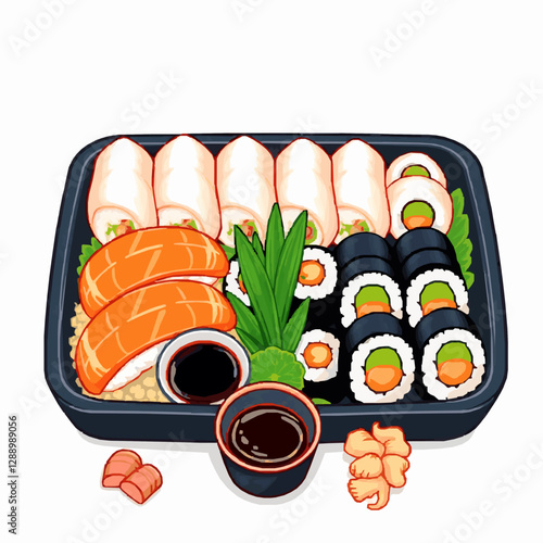 fresh sushi bento box with nigiri and maki rolls vector illustration