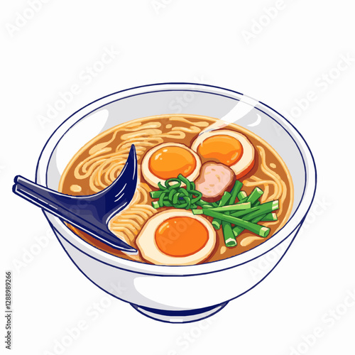 bowl of hot ramen with egg, pork slices, and scallions vector illustration