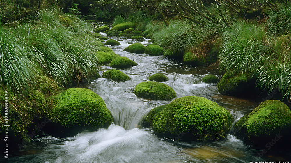 A babbling stream flowing through moss-covered rocks in a peaceful forest with soft sunlight filtering through trees A babbling stream flowing through moss-covered rocks in a peaceful forest with soft sunlight filtering through trees