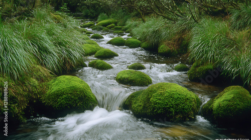 A babbling stream flowing through moss-covered rocks in a peaceful forest with soft sunlight filtering through trees