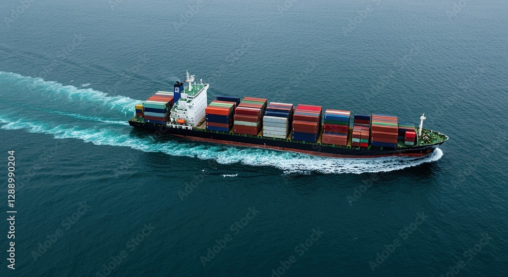 Fototapeta premium Aerial view of a large container ship sailing on a deep blue ocean, carrying numerous colorful cargo containers. The vessel creates a wake as it moves.
