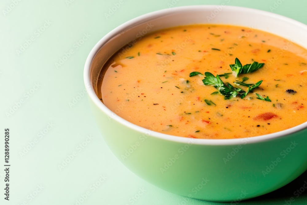 Creamy soup garnished with fresh herbs, showcasing vibrant color Creamy soup garnished with fresh herbs, showcasing vibrant color