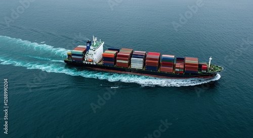 Aerial view of a large container ship sailing on a deep blue ocean, carrying numerous colorful cargo containers. The vessel creates a wake as it moves.