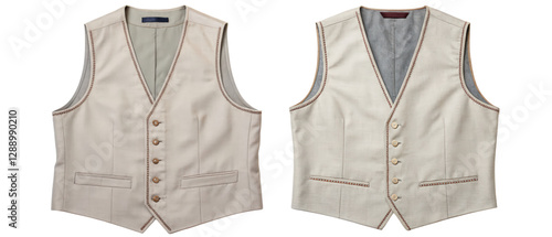 Two beige men's waistcoat isolated with transparent background