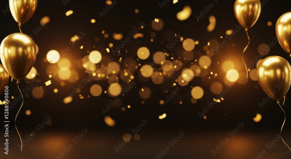 Obraz premium Golden balloons with confetti and sparkling bokeh lights for luxury party celebration background with empty copy space for text.