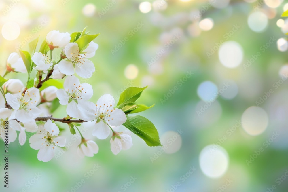 Spring background with white flowers on a blurred green spring nature scene, a blooming tree branch with delicate blossoms, a bokeh effect. A banner design. Springtime concept. Spring background with white flowers on a blurred green spring nature scene, a blooming tree branch with delicate blossoms, a bokeh effect. A banner design. Springtime concept.